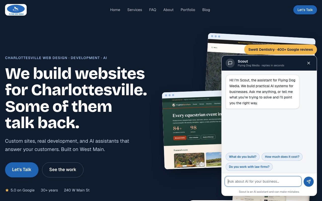 Flying Dog Media homepage with the Scout assistant