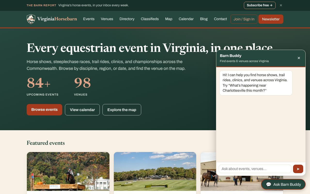 Virginia Horsebarn homepage with the Barn Buddy AI assistant